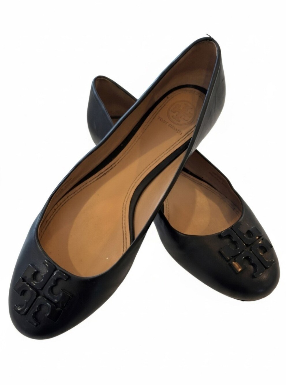 Tory Burch Black Leather Minnie Travel Logo Ballet Flats SZ 7.5 🖤✨